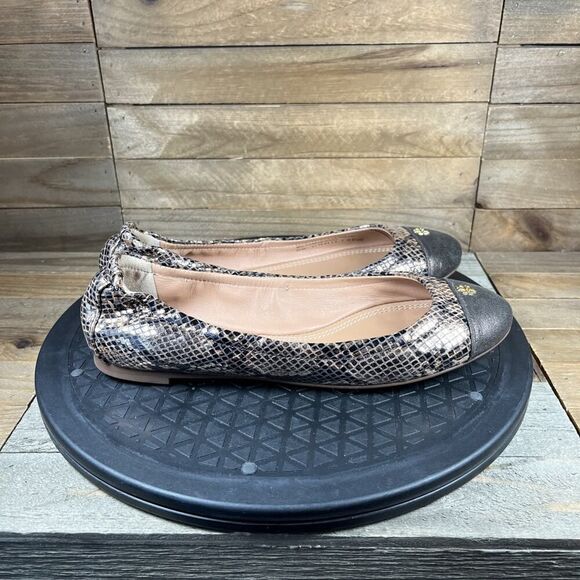 Tory Burch Womens Size 6.5 Python Snake Print Metallic Gold York Cap Toe Flats - Picture 1 of 10